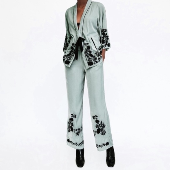 Zara Pants & Jumpsuits Zara Velvet Mint Green Embroidered Pants